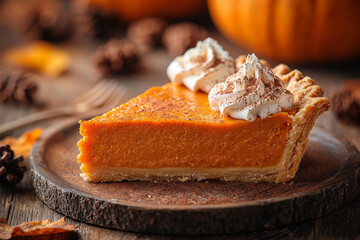 Sticker - A slice of pumpkin pie with whipped cream and cinnamon on top.