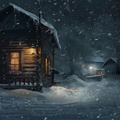 Wall Mural - A house in the village, in winter, at night, a lantern is shining, AI Generative