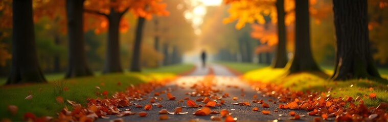 Wall Mural - A person walking on a sunlit autumn path surrounded by vibrant fall leaves and trees