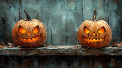 Wall Mural - Two jack-o'-lanterns with glowing faces sit on a wooden shelf.