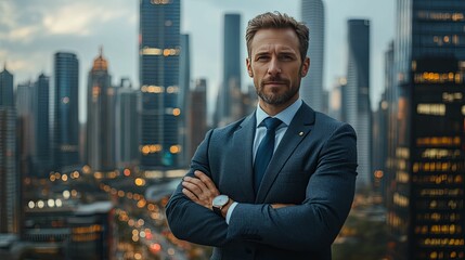 Wall Mural - Confident Businessman Posing Against City Skyline