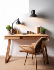 Wall Mural - Wooden desk with books, lamp and chair on a white background