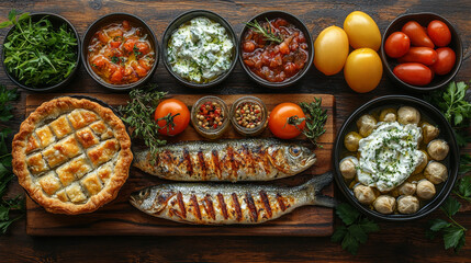 Grilled fish with a variety of side dishes.