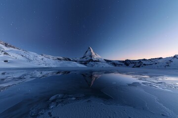 Wall Mural - A winter dawn at the Matterhorn, with the mountain's peak illuminated by the first light against a clear, AI Generative