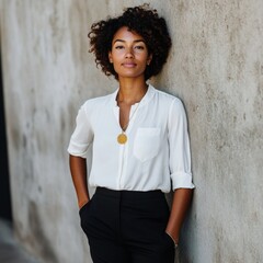 Sticker - A woman standing in an urban setting, leaning casually against a wall, wearing a white button-up blouse with rolled sleeves, black tailored pants, AI Generative