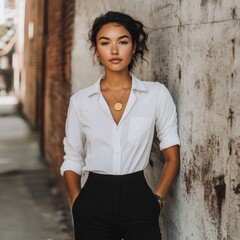 Sticker - A woman standing in an urban setting, leaning casually against a wall, wearing a white button-up blouse with rolled sleeves, black tailored pants, AI Generative