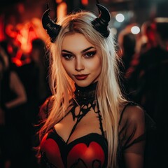 Sticker - A young woman dressed up as a devil at a Halloween party, AI Generative