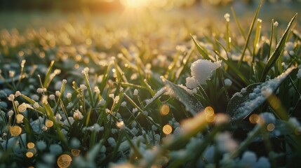 Wall Mural - Close-up view of grass and green leaves dotted with hailstones following a summer thunderstorm, with ice balls strewn about.