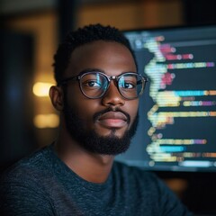 african american network developer building machine learning software for autonomous virtual entity 