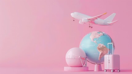 A white airplane flying over a globe and a pink suitcase on a pink background.