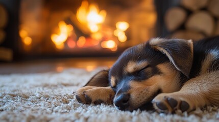 Wall Mural - a cute puppy dog sleeping peacefully on the ground in front of a fire place