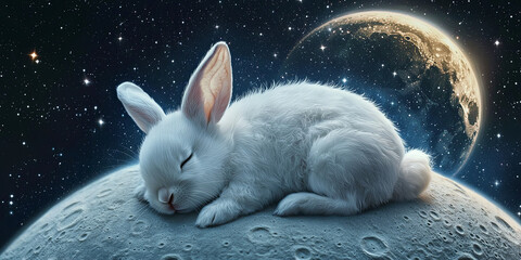 Wall Mural - A white baby bunny sleeping on the moon, generative AI