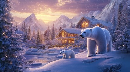 A polar bear exploring ice in a winter landscape, showcasing its white fur and natural habitat, with a glimpse of a zoo setting in the background