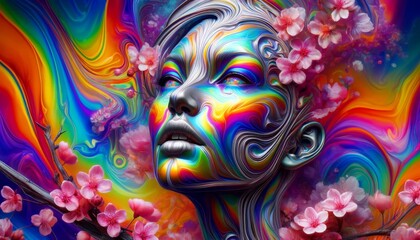  A detailed, close-up image of a woman's face with iridescent, rainbow-colored skin, surrounded by cherry blossoms.