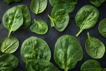 Fresh spinach leaves on a dark background.