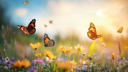 Wall Mural - Butterflies Soaring Over a Sunlit Meadow of Wildflowers