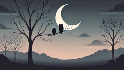 Wall Mural - A minimalist silhouette of two owls perched on a bare tree branch at night under a large crescent moon.