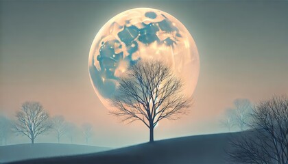 Wall Mural - A single leafless tree standing on a hill against a large glowing full moon in the night sky.