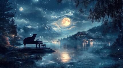a captivating, dreamy night scene features a grand piano poised on the edge of a serene lake, under 