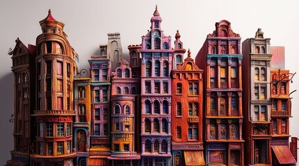 Illustration drawing showing buildings, created using colored pencils isolated on a clean white background