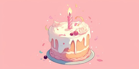 Sticker - Minimalistic Animated Birthday Cake with Candle in Minimalist Style, Copy Space for Text