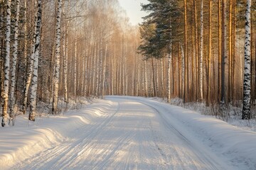 Snowy road in Russia surrounded by birch and pine trees