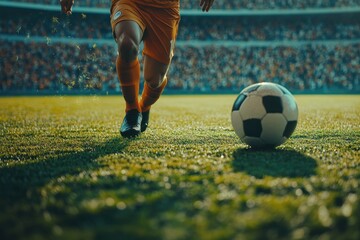 Soccer player kicks ball on grass field in crowded stadium celebrating victory in international tournament