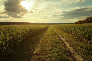 Poster - Soybean field at dusk with road