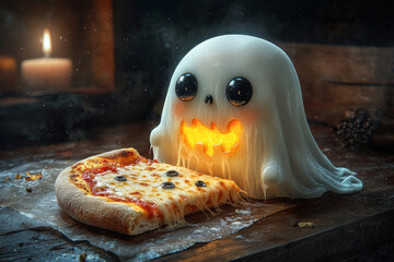 Wall Mural - A cute ghost with a pumpkin face  enjoys a slice of pizza.