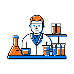 Scientist Working in Laboratory with Test Tubes and Beakers, Flat Icon Illustration