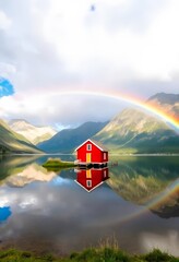 Wall Mural - Landscape with a cottage by the water, surrounded by mountains and a rainbow.