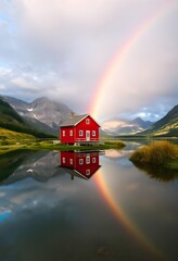 Wall Mural - Landscape with a cottage by the water, surrounded by mountains and a rainbow.