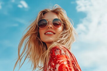 Wall Mural - Stylish young blonde model in trendy summer clothes with skateboard under blue sky