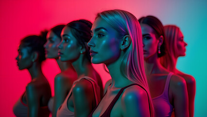 Wall Mural - Portraits of group of people different nationalities on multicolored background in neon light Photo of models