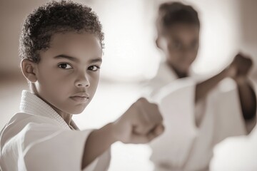 Wall Mural - Successful beautiful multi ethnic kids practicing karate