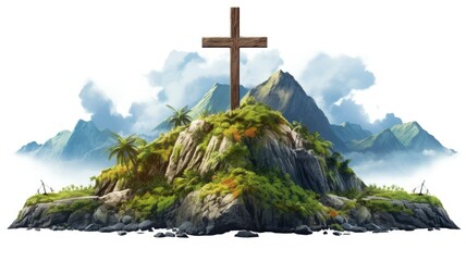 Wall Mural - the cross is on top of an island, isolated white background, extra high quality detailed, with generative ai