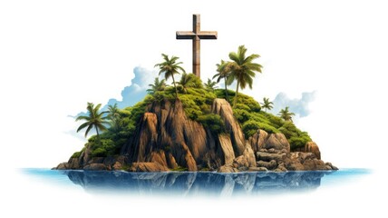 the cross is on top of an island, isolated white background, extra high quality detailed, with generative ai