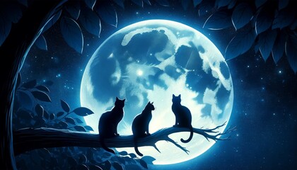 Wall Mural - A group of black cats perched on a tree branch, silhouetted against a deep blue, starry sky with a glowing full moon behind them.