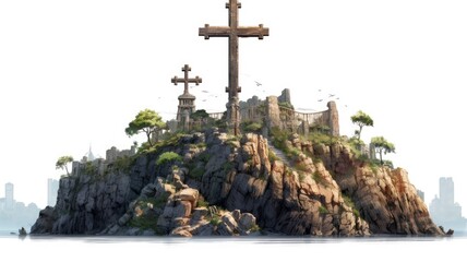 Wall Mural - the cross is on top of an island, isolated white background, extra high quality detailed, with generative ai