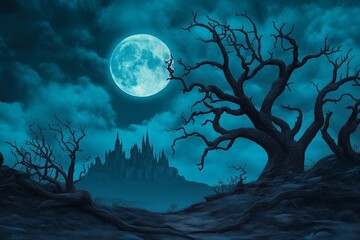 halloween background with moon and tree