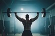 © LimeSky - Weightlifter displaying strength by lifting heavy barbell overhead during military press at crossfit gym