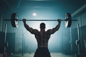 weightlifter displaying strength by lifting heavy barbell overhead during military press at crossfit