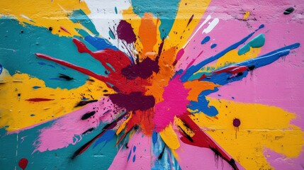 A colorful explosion of paint splatters on a wall. The colors are bright and vibrant, creating a sense of energy and excitement. The painting appears to be a work of art