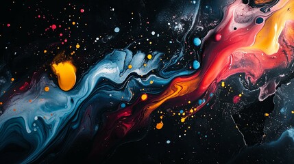 Poster - Abstract Swirling Paint with Colorful Splashes on Black Background