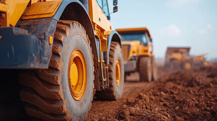 Heavy machinery on a construction site, showcasing powerful tires and robust design for earthmoving and excavation tasks.