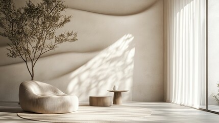 Sticker - Minimalist Interior Design with a White Chair, Wooden Tables, and a Tree Branch