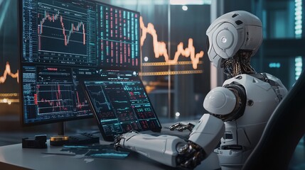 Robot analyzing crypto market trends on multiple screens, crypto trading, AI in decentralized finance