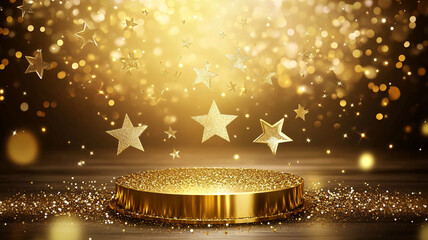 Golden podium surrounded by shimmering stars in a festive atmosphere for award ceremonies