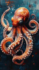 Sticker - An octopus depicted in oil painting style, with smooth brushstrokes and rich colors highlighting its fluid movements.