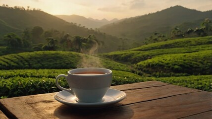 cup of tea on wooden table and beautiful tea plantation background. generative ai